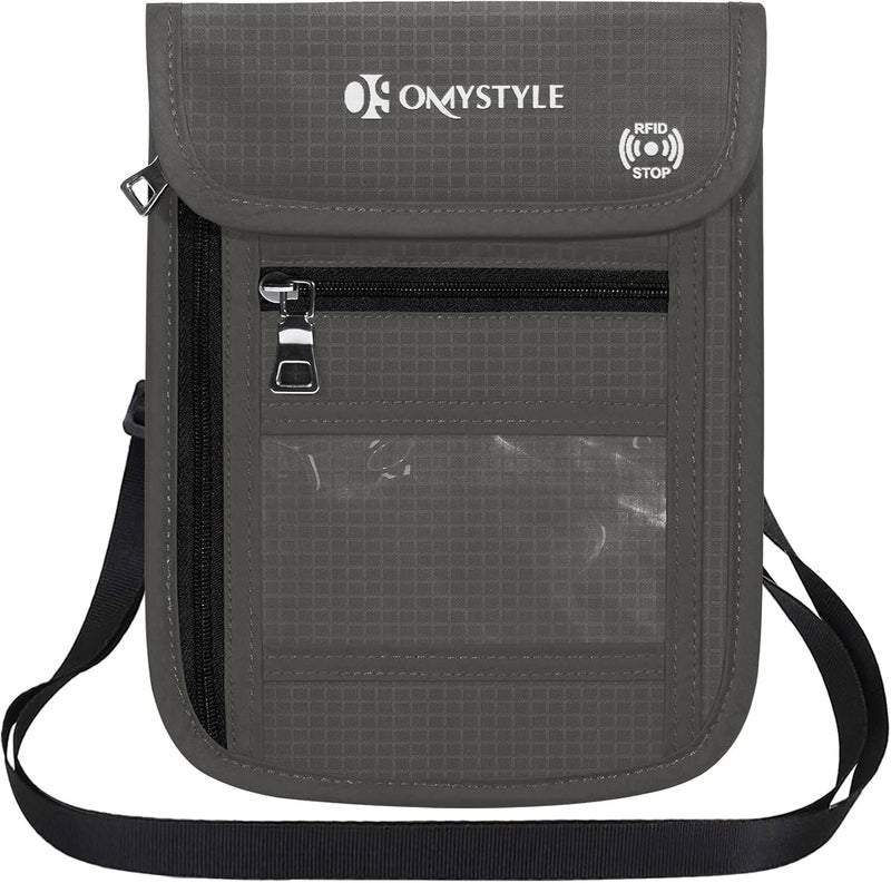 OMYSTYLE Neck Wallet, RFID Passport Holder for Travel, Adjustable Neck Strap, Waterproof Neck Pouch for Men & Women to Keep Cash, Credit Cards and Documents Safe, Grey (8x6) - Image 1